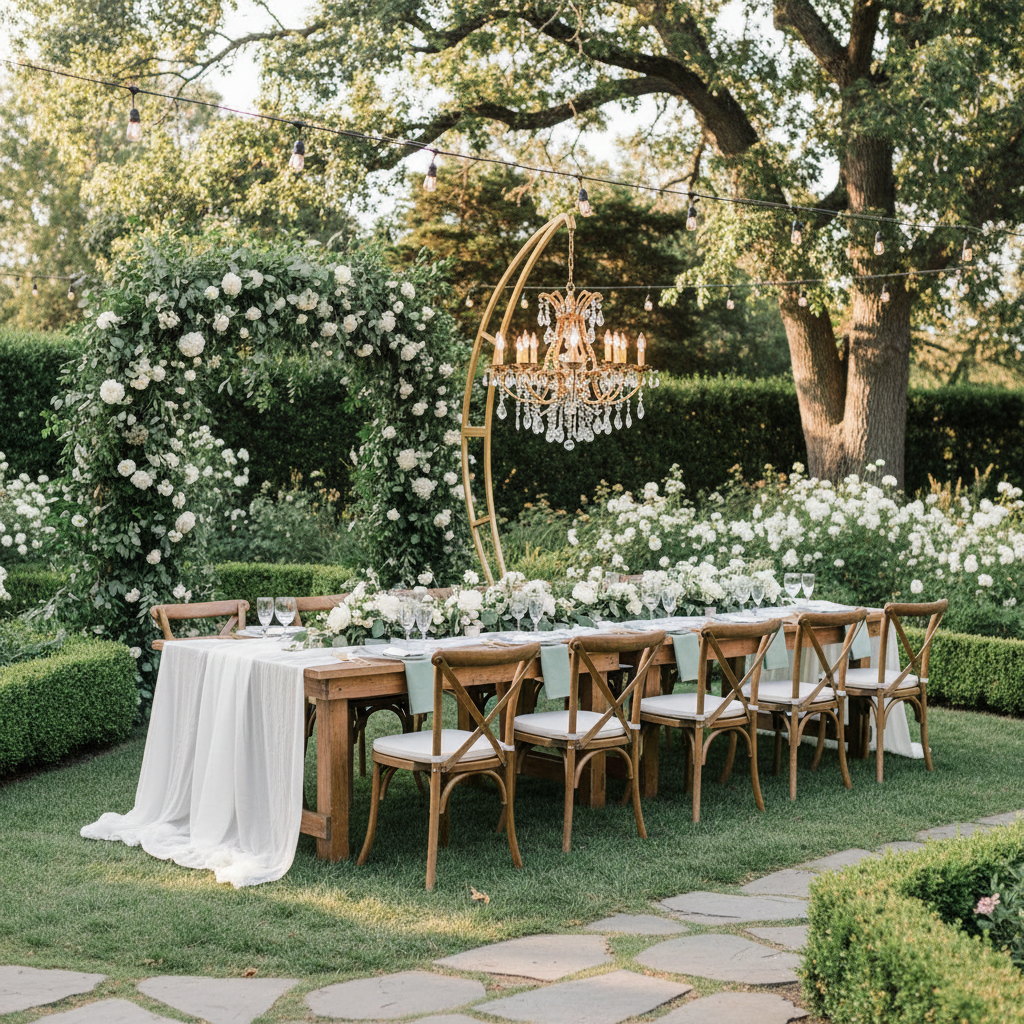 wedding garden reception with Heavy Duty Chandelier Holder Stand
