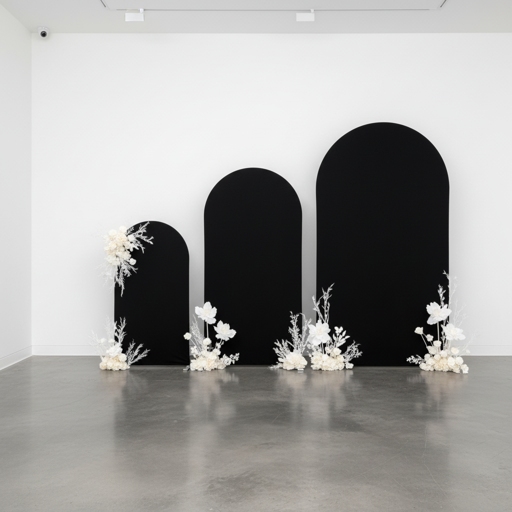 Heavy Duty Trio Arch Backdrop Frame Stands 3pc/set with black spandex covers and floral bushes for gallery setup