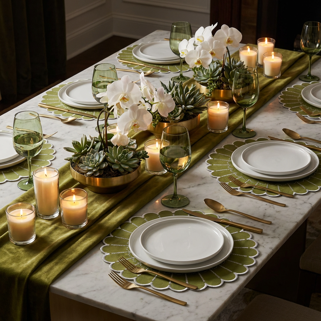 4pc/set Sunburst Edge Placemats - Olive Green/White Trim - CV Linens