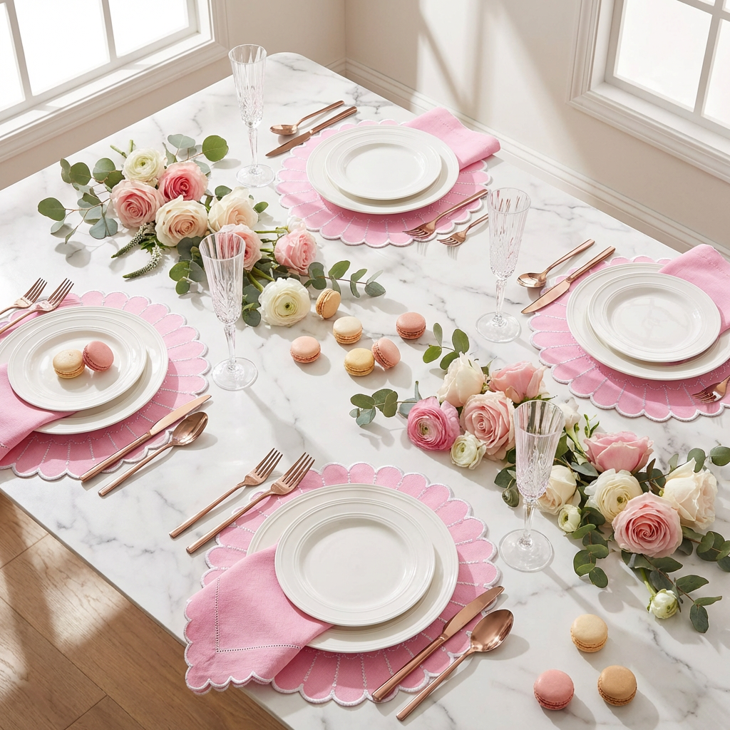 4pc/set Sunburst Edge Placemats - Pink/White Trim - CV Linens