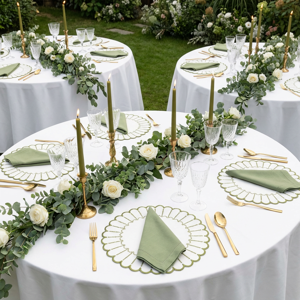 4pc/set Sunburst Edge Placemats - White/Olive Green Trim - CV Linens