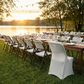 Contemporary LIFETIME Spandex folding chair Cover Ivory showing on the square edge contemporary chair outdoor setting