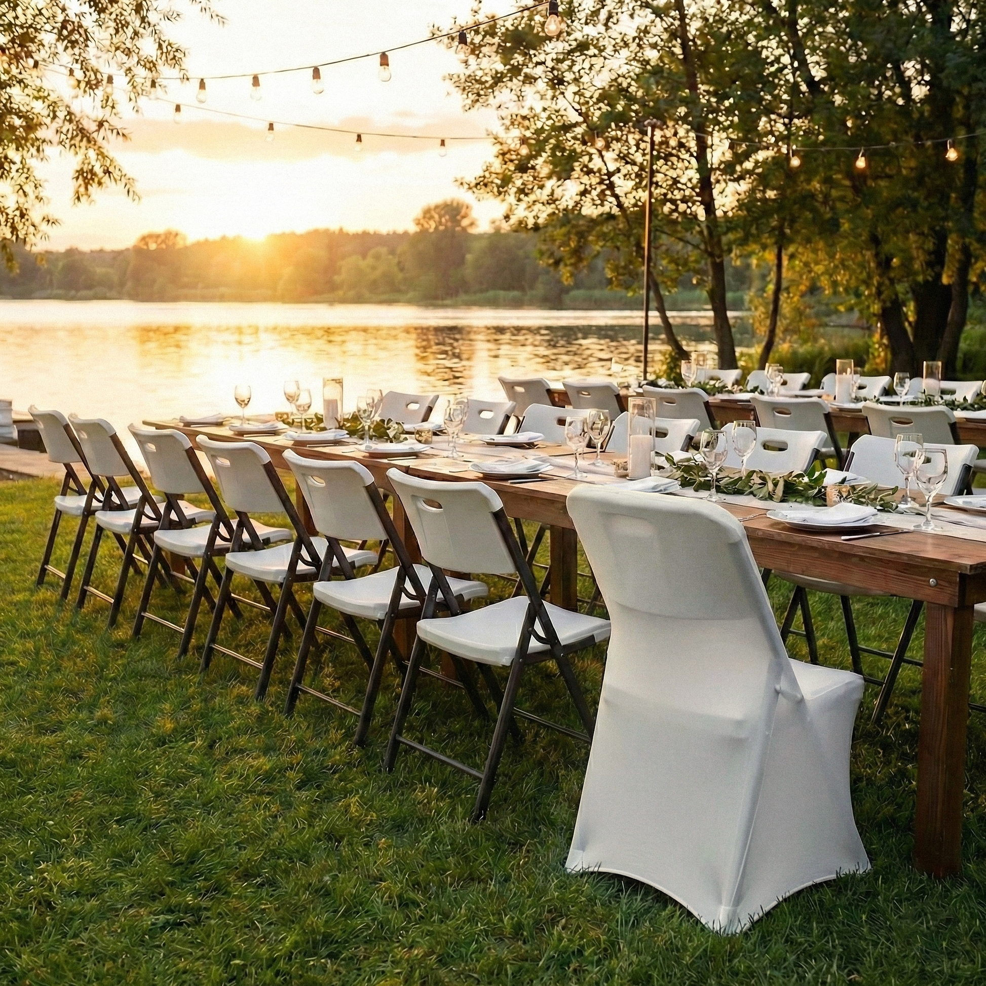 Contemporary LIFETIME Spandex folding chair Cover Ivory showing on the square edge contemporary chair outdoor setting