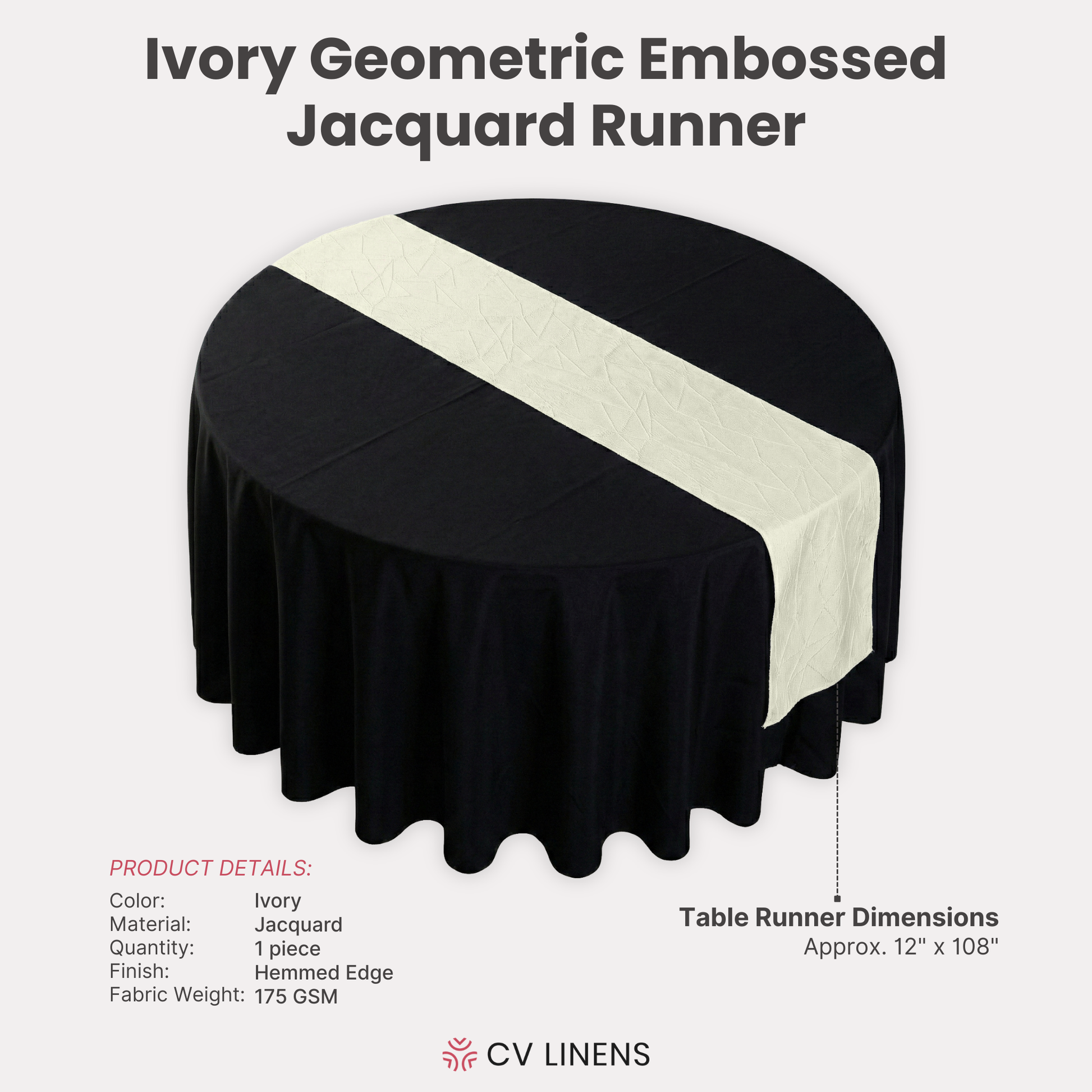 Embossed Geometric Jacquard Table Runner Ivory infographic showing product details
