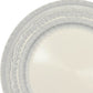 Ivory lace-embossed acrylic charger plate with ornate edge, ideal for wedding reception tables