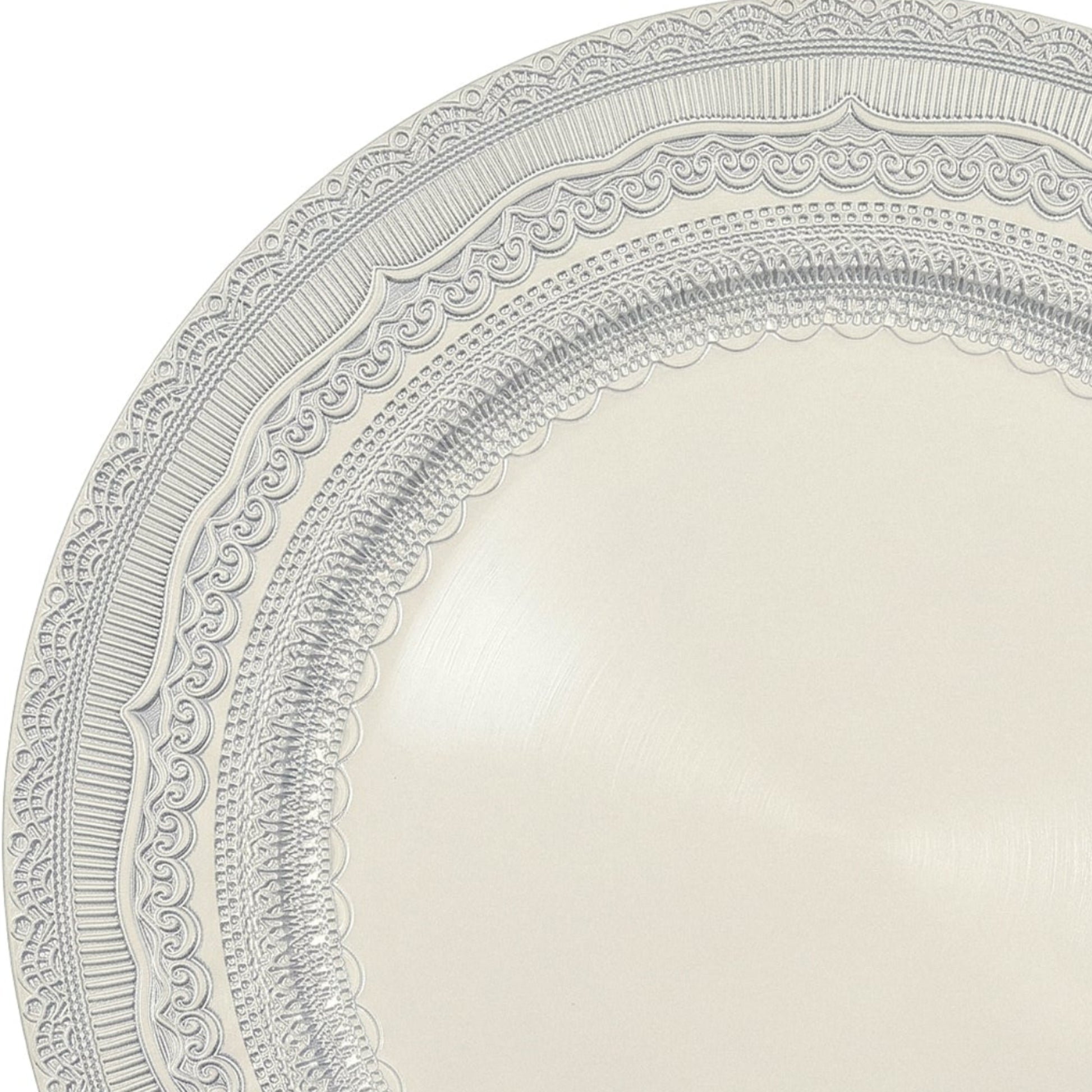 Ivory lace-embossed acrylic charger plate with ornate edge, ideal for wedding reception tables