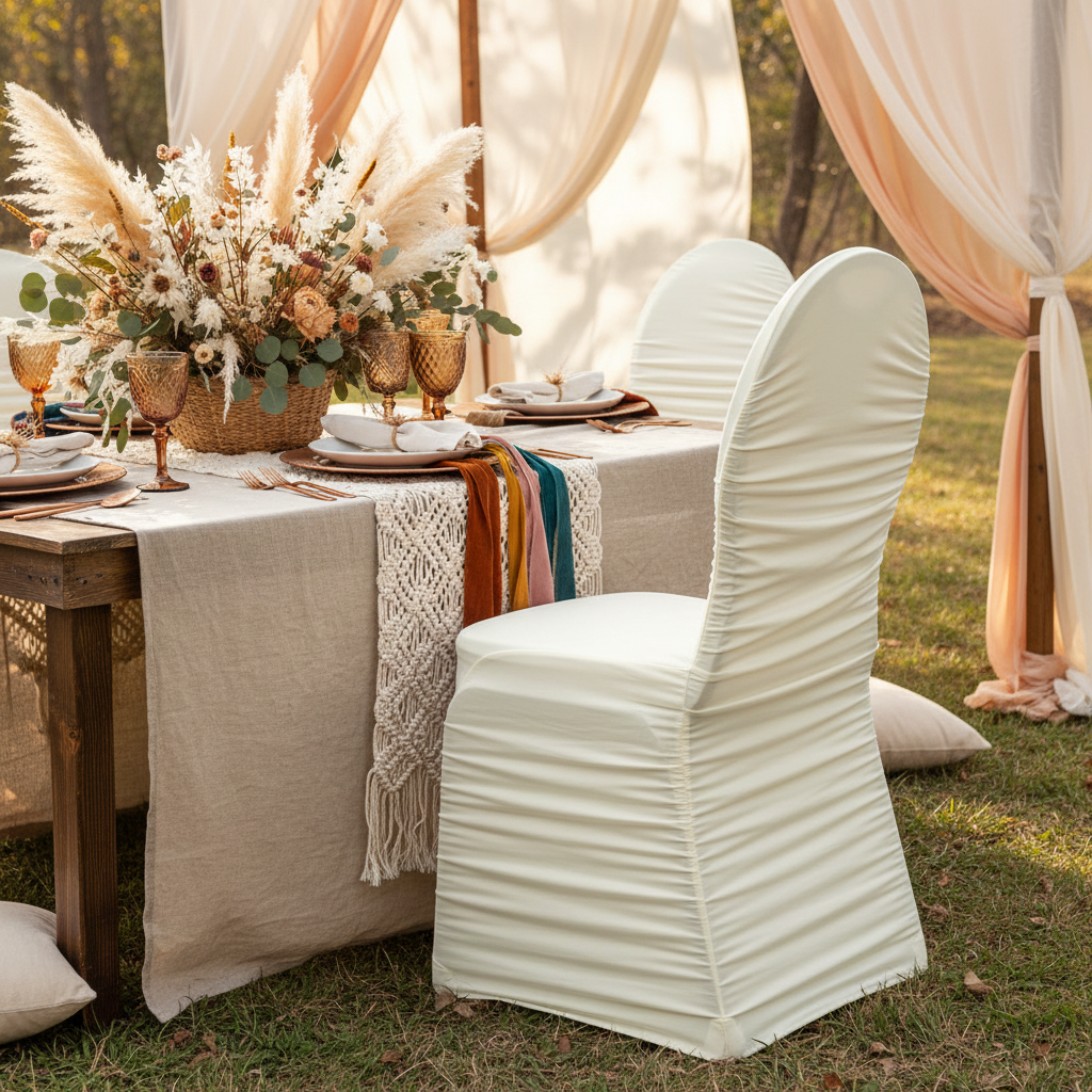 bohemian outdoor with Ivory Ruched Fashion Spandex Banquet Chair Cover and lace table runner