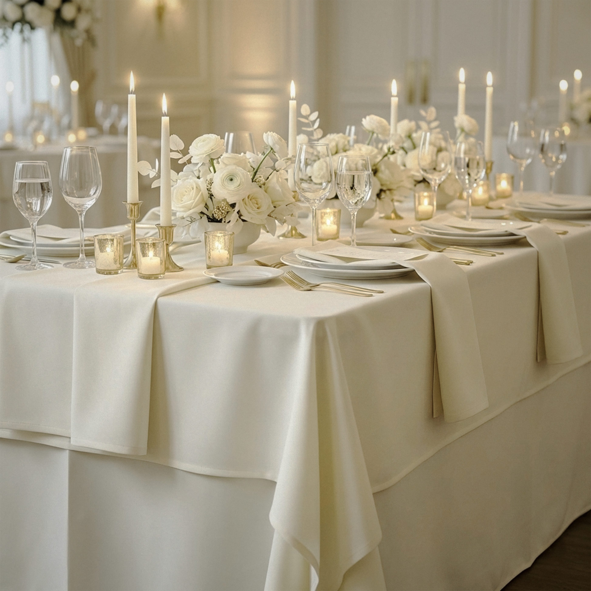 wedding table setting with the Scuba King 108"x156" Rectangular Tablecloth Ivory paired with white florals, tapered candles, tealights, and white dinnerware
