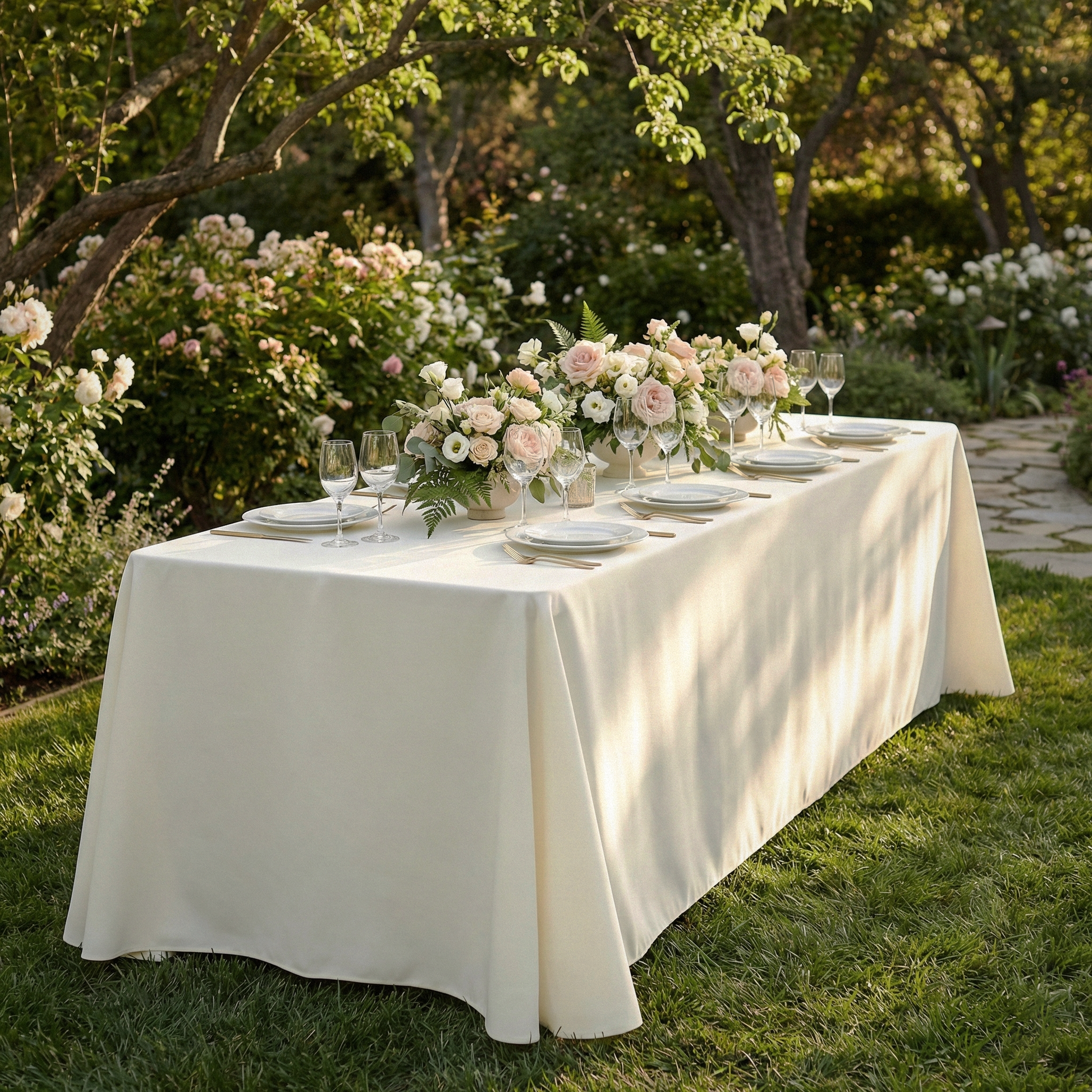 outdoor setting with the Scuba King 108"x156" Rectangular Tablecloth Ivory paired with white florals, tapered candles, tealights, and white dinnerware