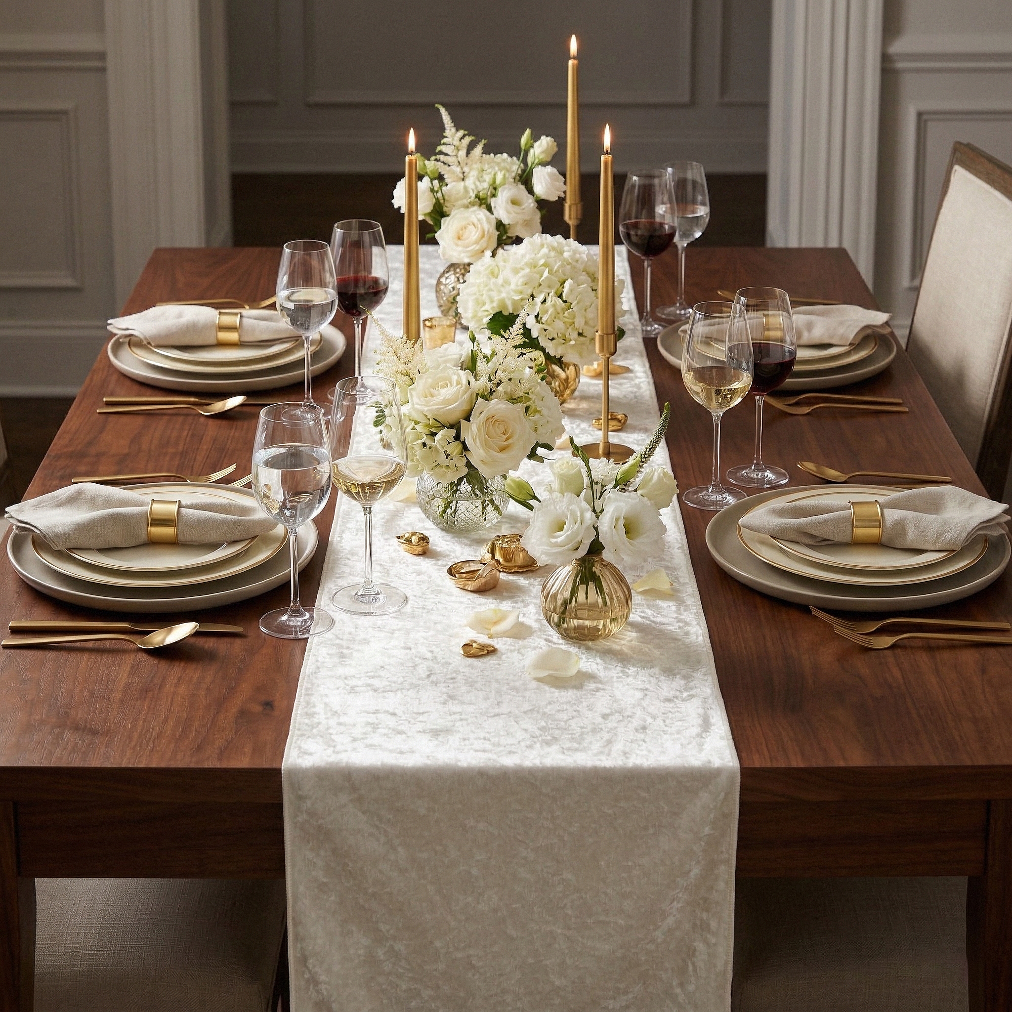 Velvet Table Runner Ivory paired with gold accents and candles