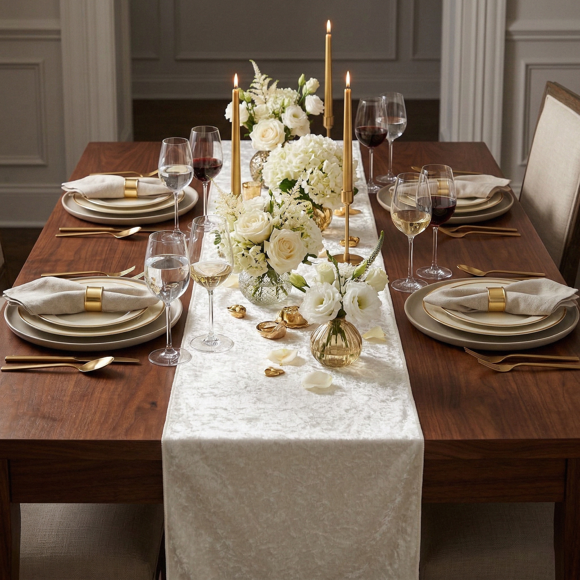 Velvet Table Runner Ivory paired with gold accents and candles