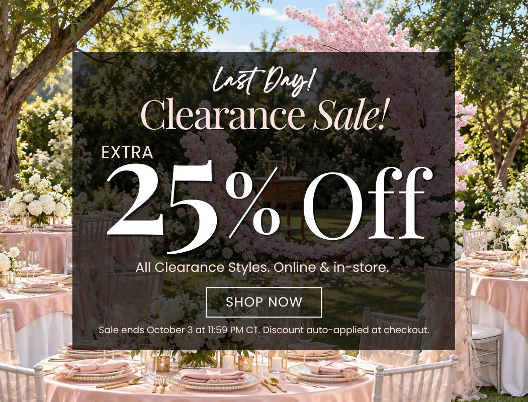 Outdoor garden wedding reception with pink florals; promo overlay for clearance sale - 25% off all styles.