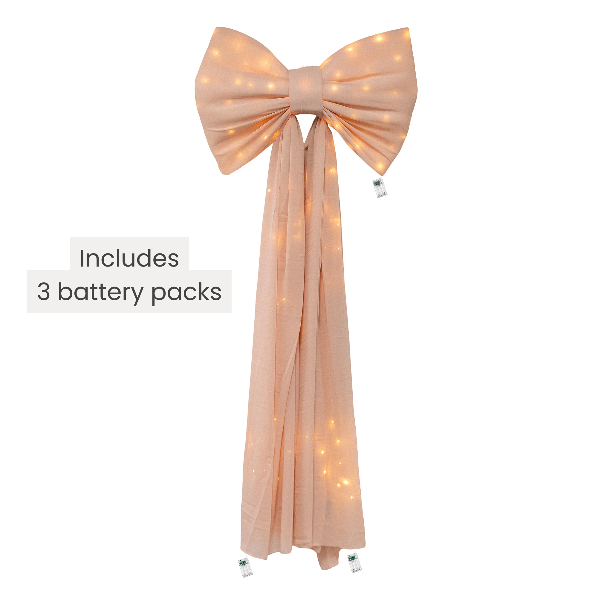 LED Chiffon Bow for Backdrop Blush/Rose Gold infographic showing three battery packs