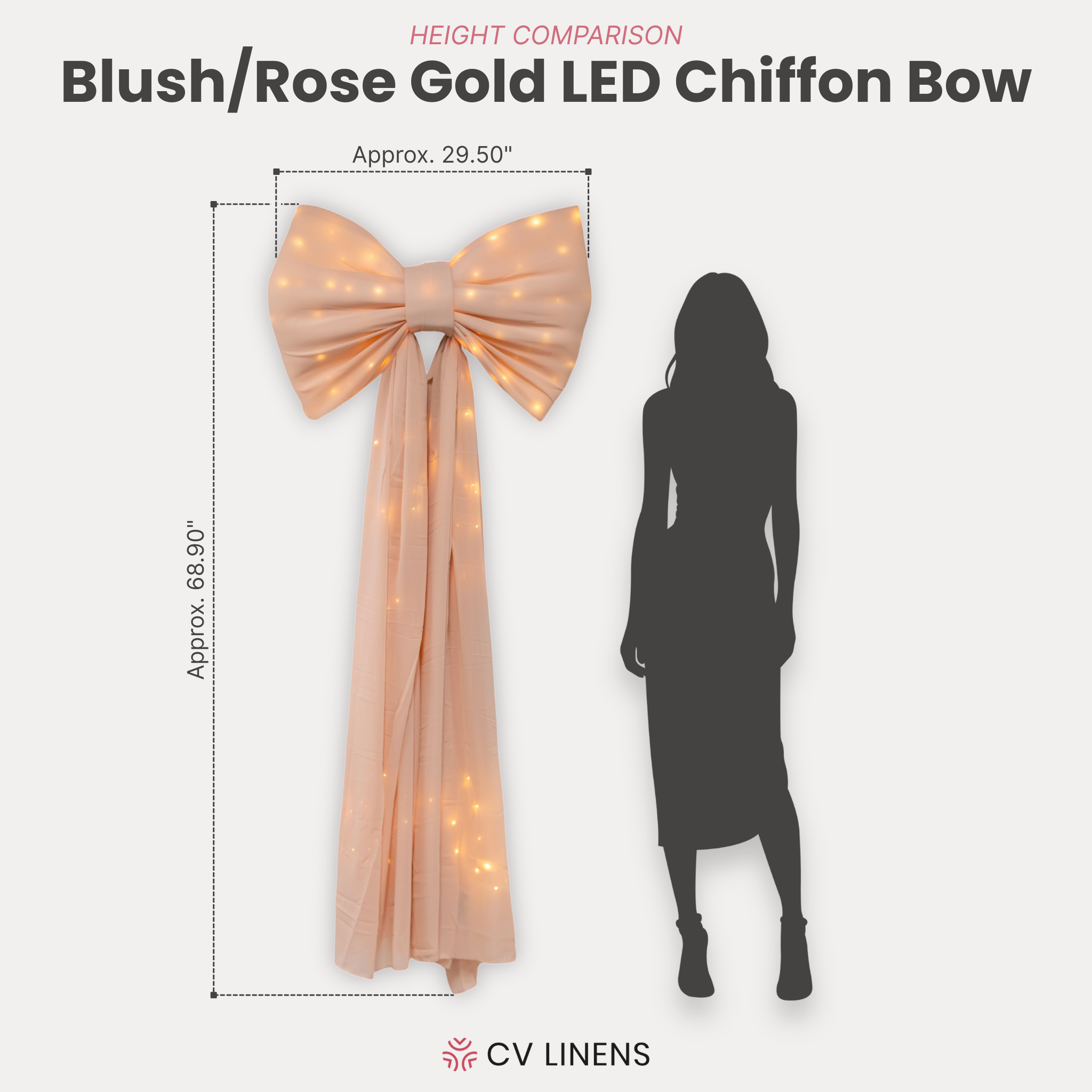 LED Chiffon Bow for Backdrop Blush/Rose Gold infographic showing person height comparison