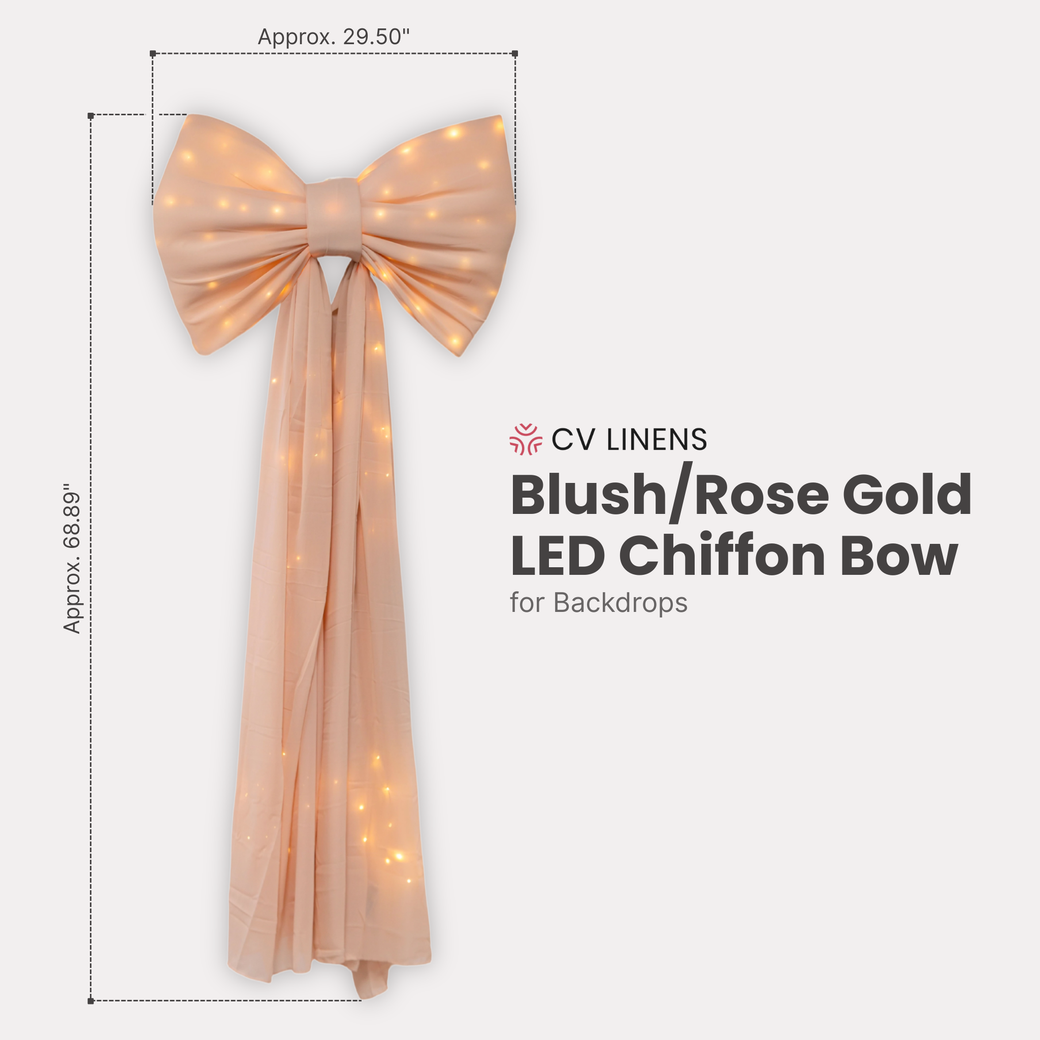 LED Chiffon Bow for Backdrop Blush/Rose Gold infographic showing product dimensions