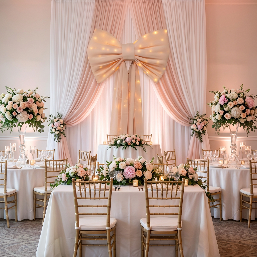 LED Chiffon Bow for Backdrop Blush/Rose Gold wedding backdrop