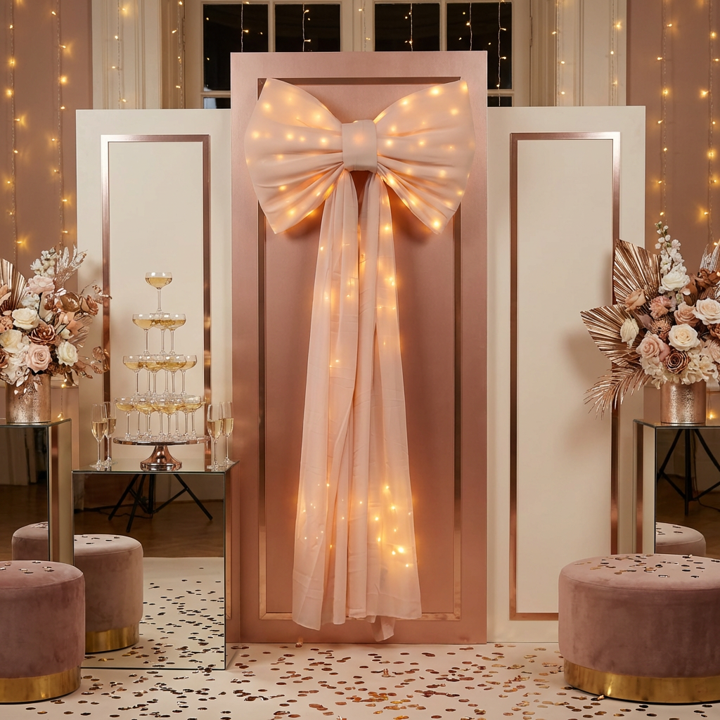 LED Chiffon Bow for Backdrop Blush/Rose Gold on a backdrop stand