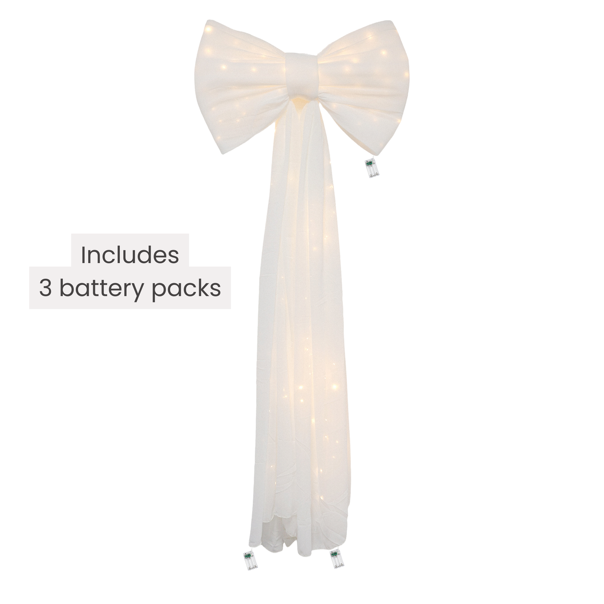LED Chiffon Bow for Backdrop Ivory infographic showing three battery packs