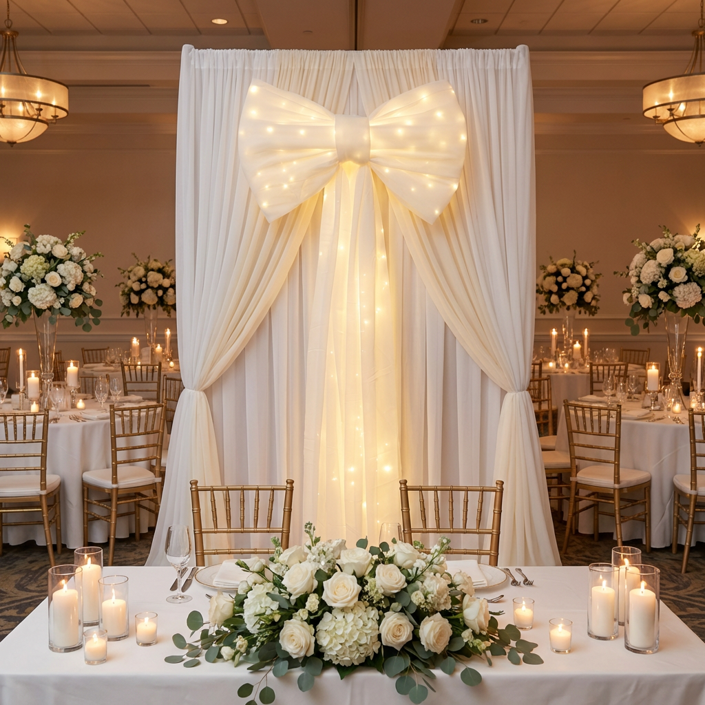 LED Chiffon Bow for Backdrop Ivory behind a bridal table