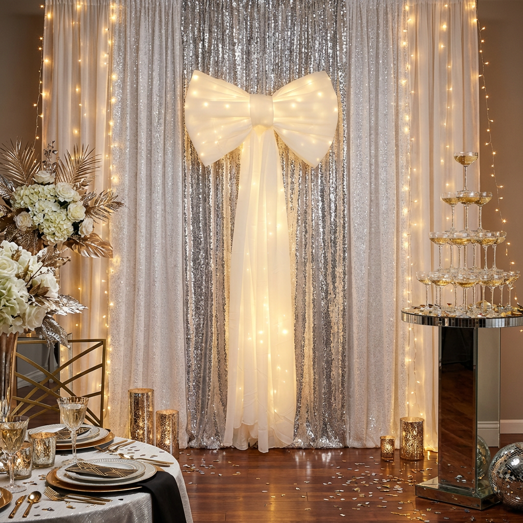 LED Chiffon Bow for Backdrop Ivory  against silver and white glitz backdrop drape