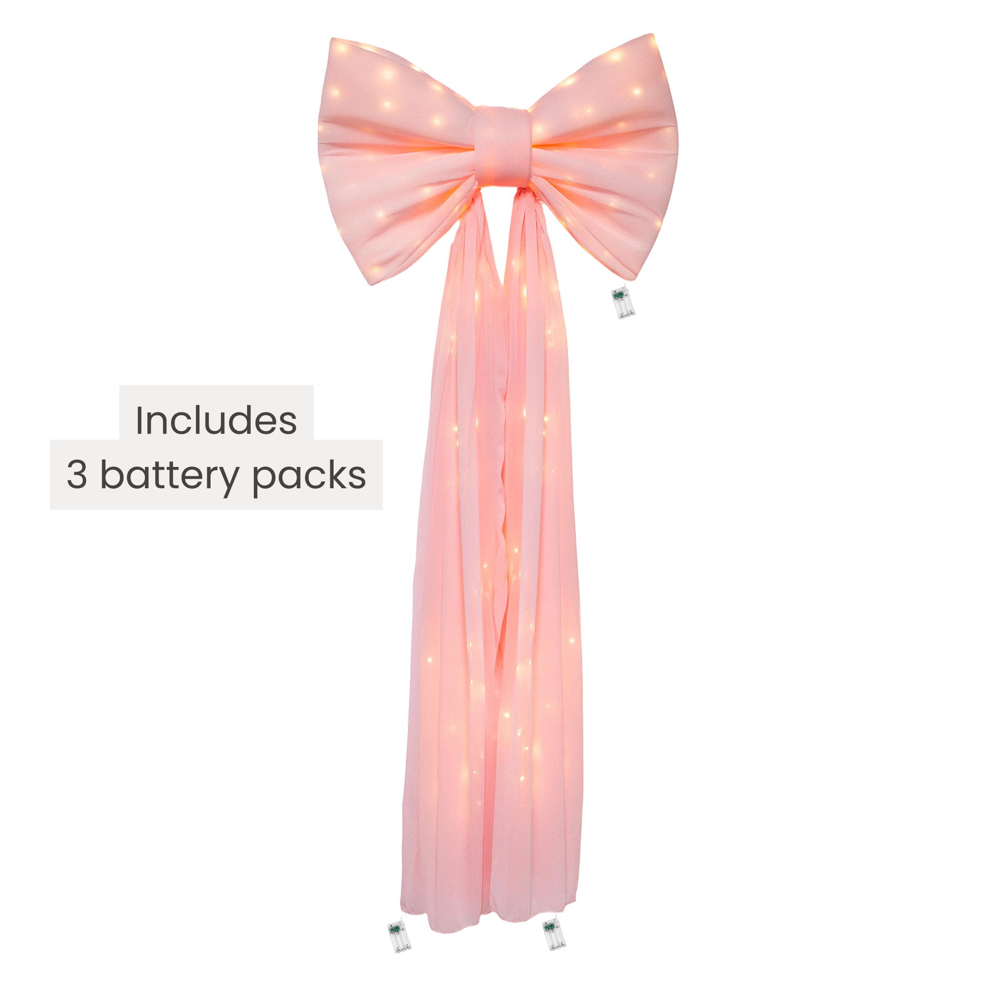 LED Chiffon Bow for Backdrop Pastel Pink infographic showing 3 battery packs