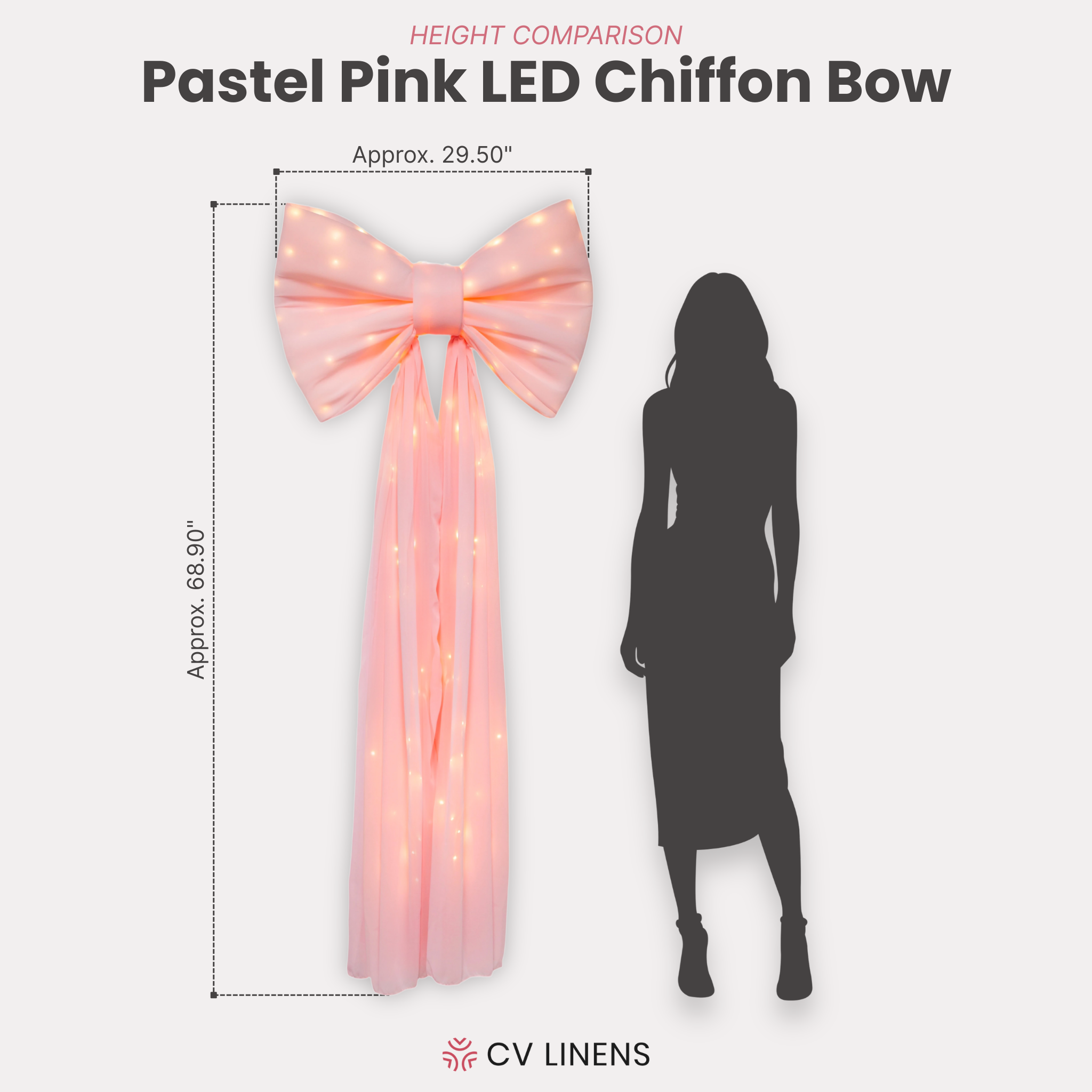 LED Chiffon Bow for Backdrop Pastel Pink infographic showing height comparison