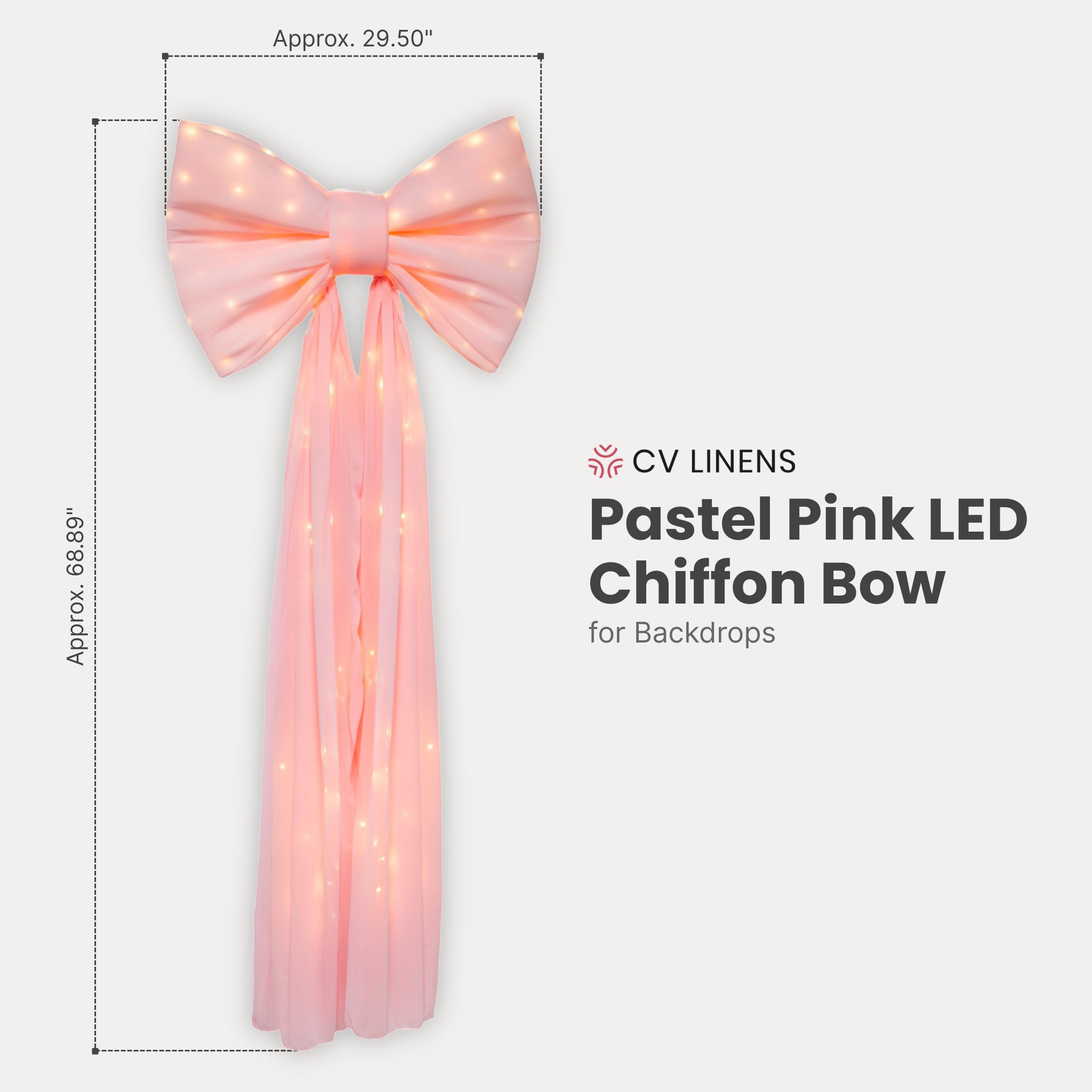  LED Chiffon Bow for Backdrop Pastel Pink infographic showing product dimensions