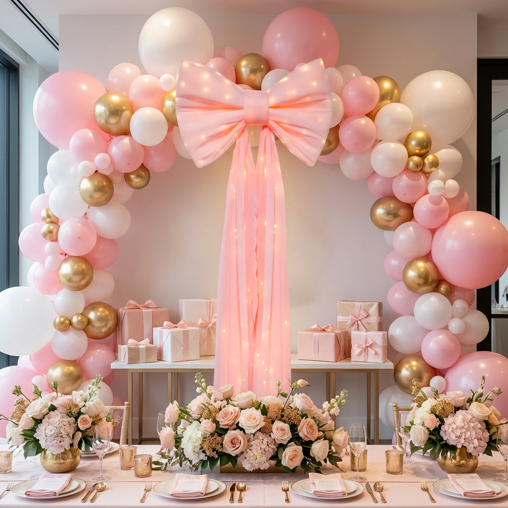 LED Chiffon Bow for Backdrop Pastel Pink against on a balloon arch
