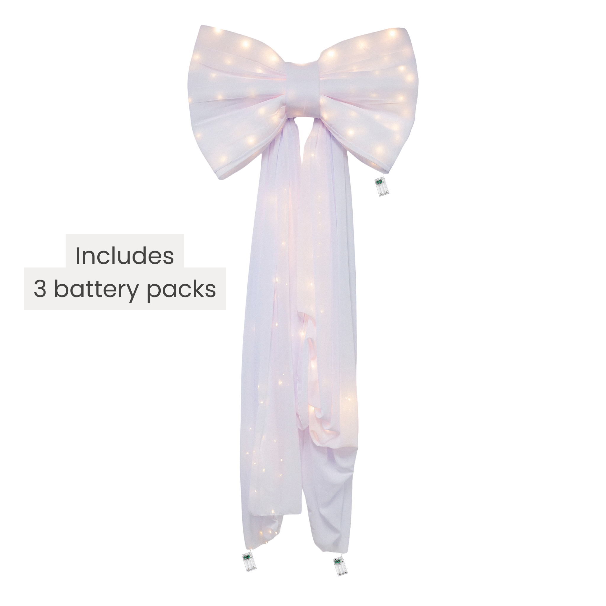 LED Chiffon Bow for Backdrop White infographic showing 3 battery packs