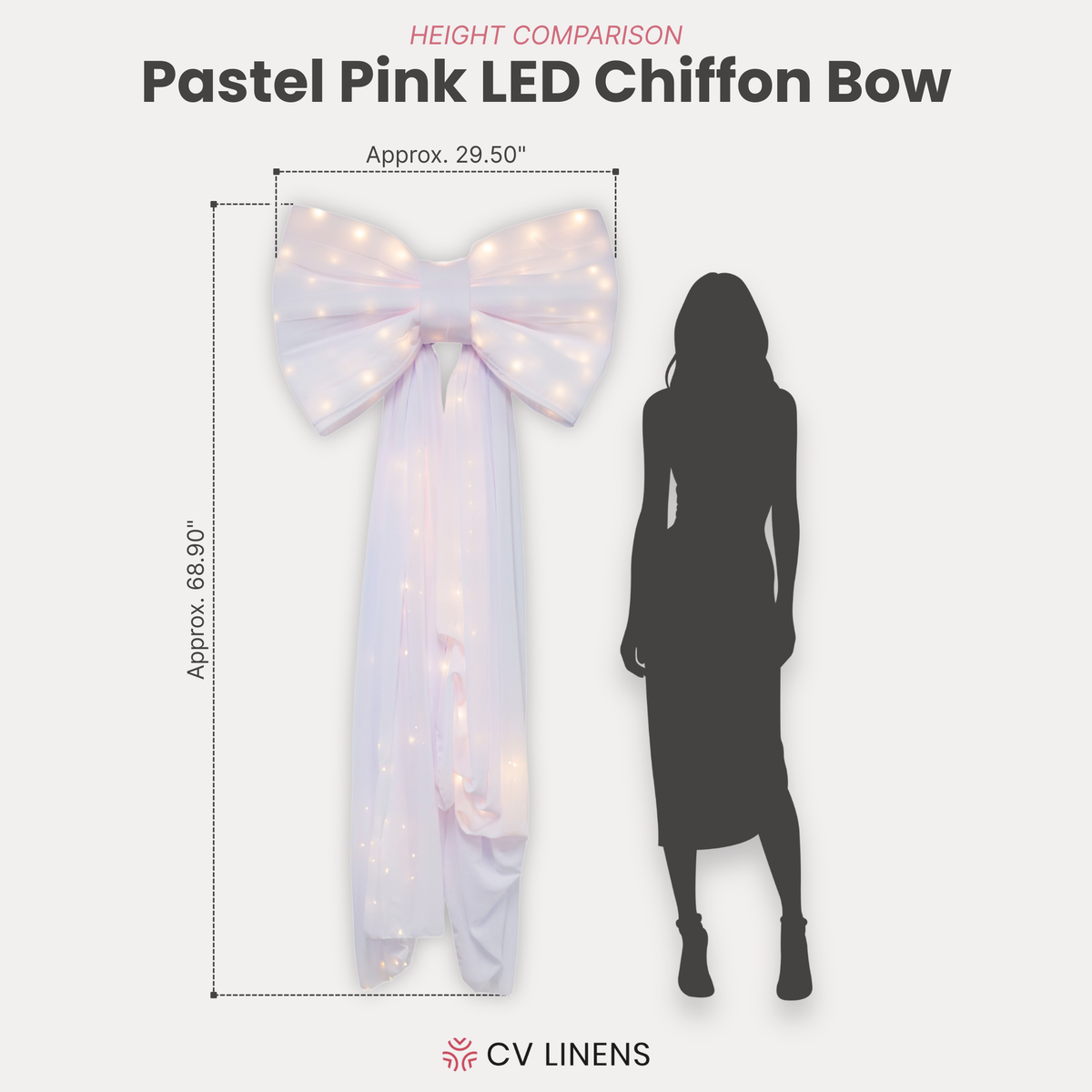 LED Chiffon Bow for Backdrop White infographic showing height comparison