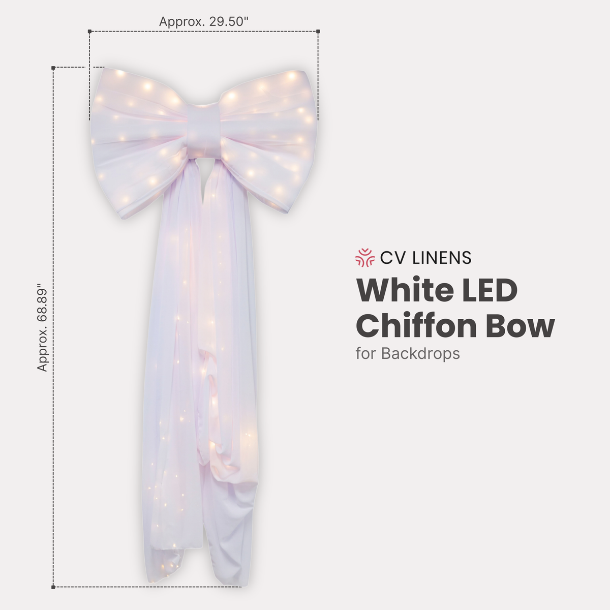 LED Chiffon Bow for Backdrop White infographic showing dimensions
