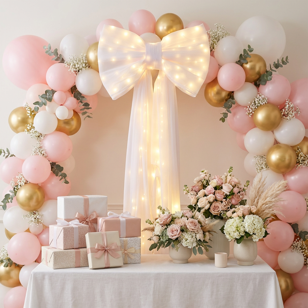 LED Chiffon Bow for Backdrop White on a balloon arch backdrop