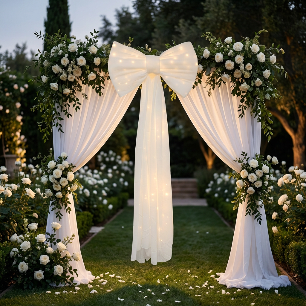 XL LED Chiffon Bow for Backdrop White outdoor with white backdrop drapes, greenery and white florals