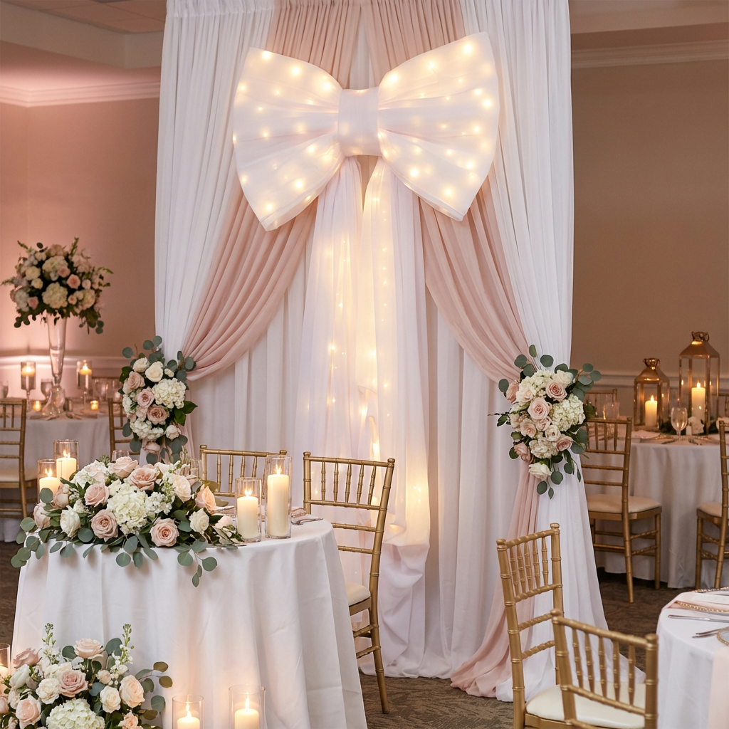 LED Chiffon Bow for Backdrop White behind a bridal table