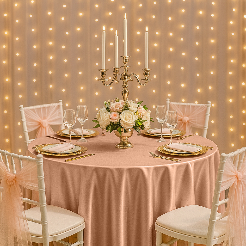 Premium Satin (Wrinkle-Resistant) 132" Round Tablecloth - Blush/Rose Gold - CV Linens