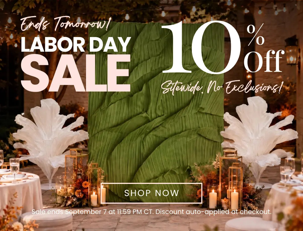 Labor Day sale banner: bold SALE with 10% off sitewide, ends tomorrow; candlelit tables, shop now.