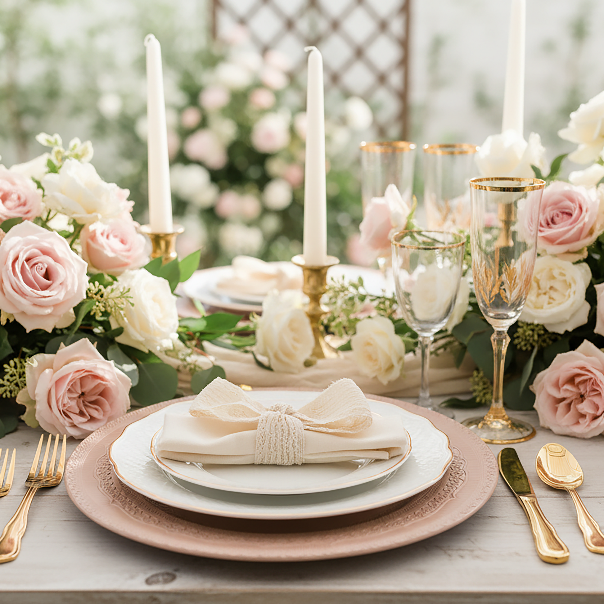 Lace Embossed  Acrylic Plastic Charger Plate Pink Blush table setting with white dinner plates, gold silverware, tapered candles, wine glasses and a white rose floral centerpiece