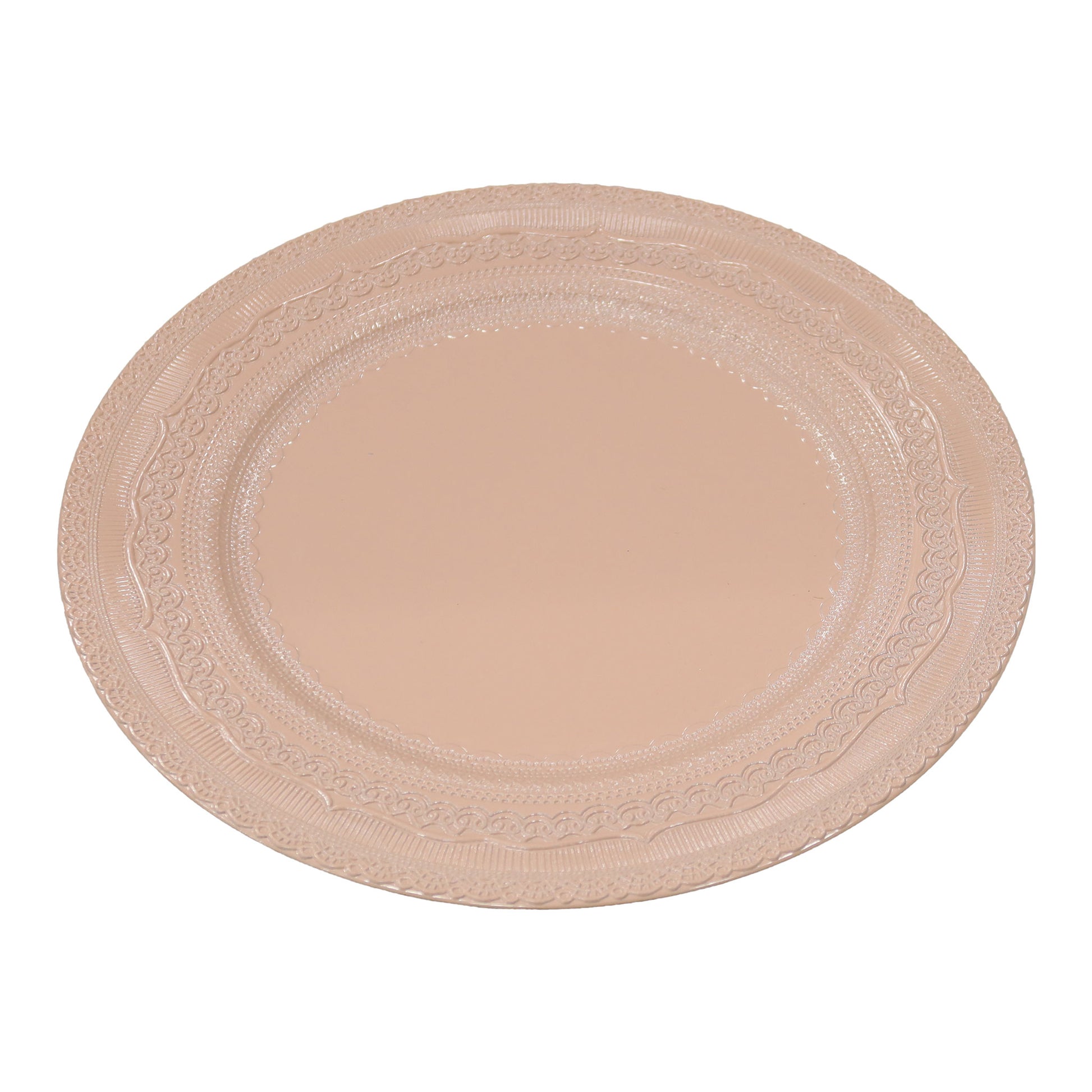 Lace Embossed  Acrylic Plastic Charger Plate Pink Blush table setting with white dinner plates, gold silverware, tapered candles, wine glasses and a white rose floral centerpiece