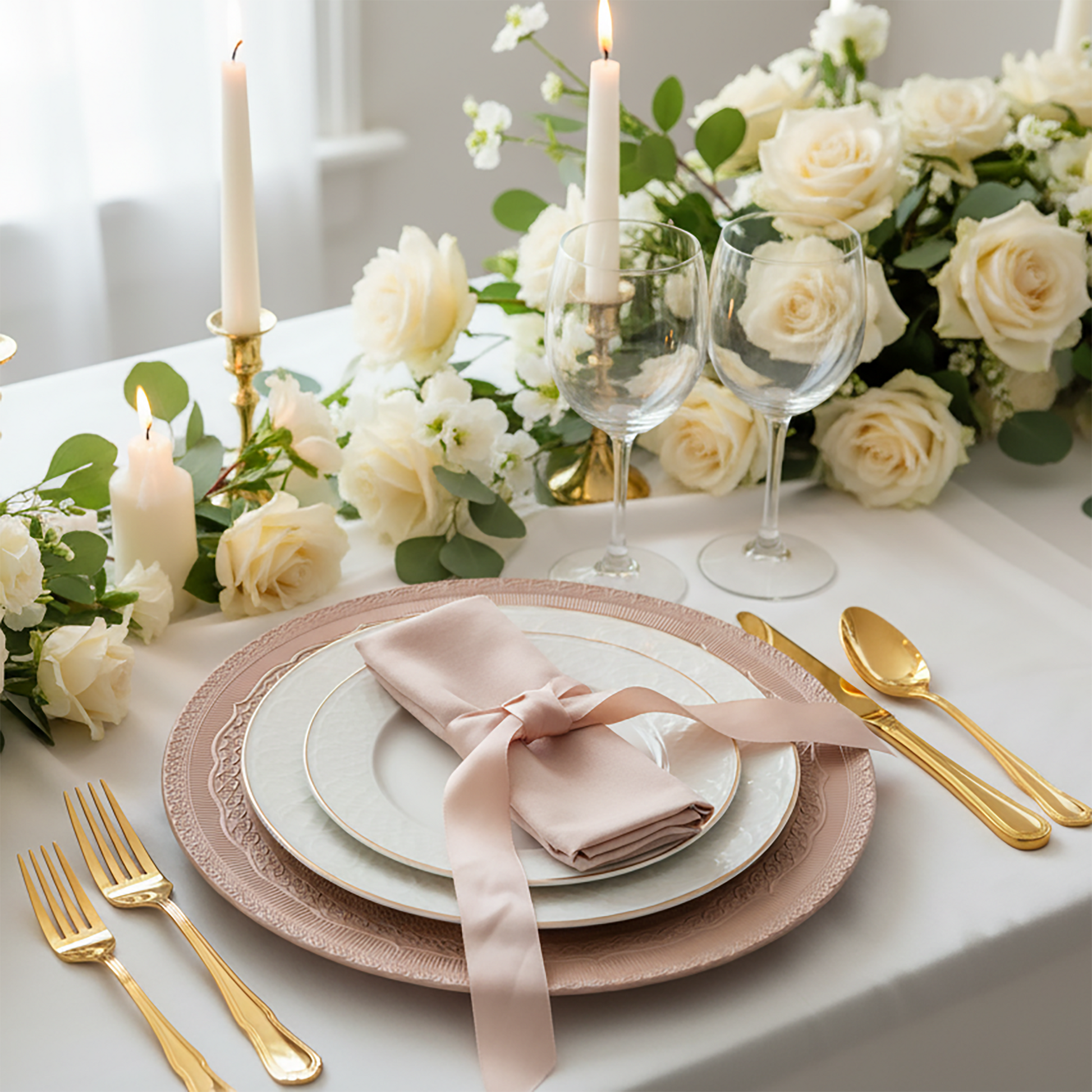 Lace Embossed  Acrylic Plastic Charger Plate Pink Blush table setting with white dinner plates, gold silverware, tapered candles, wine glasses and a white rose floral centerpiece