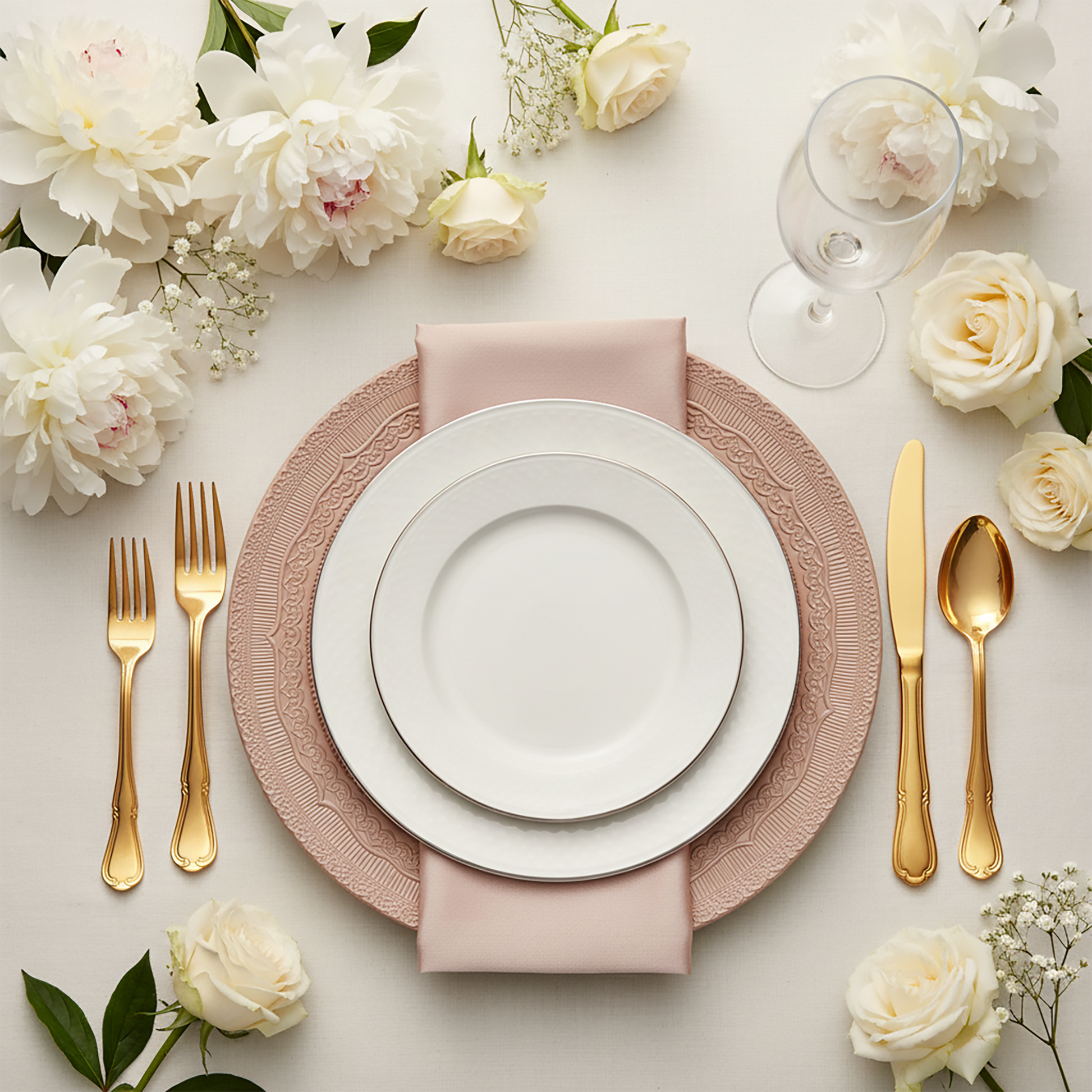 Lace Embossed  Acrylic Plastic Charger Plate Pink Blush table setting with white dinner plates, gold silverware, wine glasses and a white rose floral centerpiece