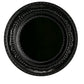 Black lace-embossed acrylic charger plate with ornate edge detailing, ideal for wedding reception tables.