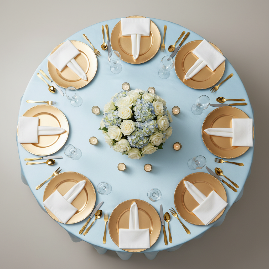 top view wedding reception with Lamour Satin 120" Round Tablecloth - Baby Blue