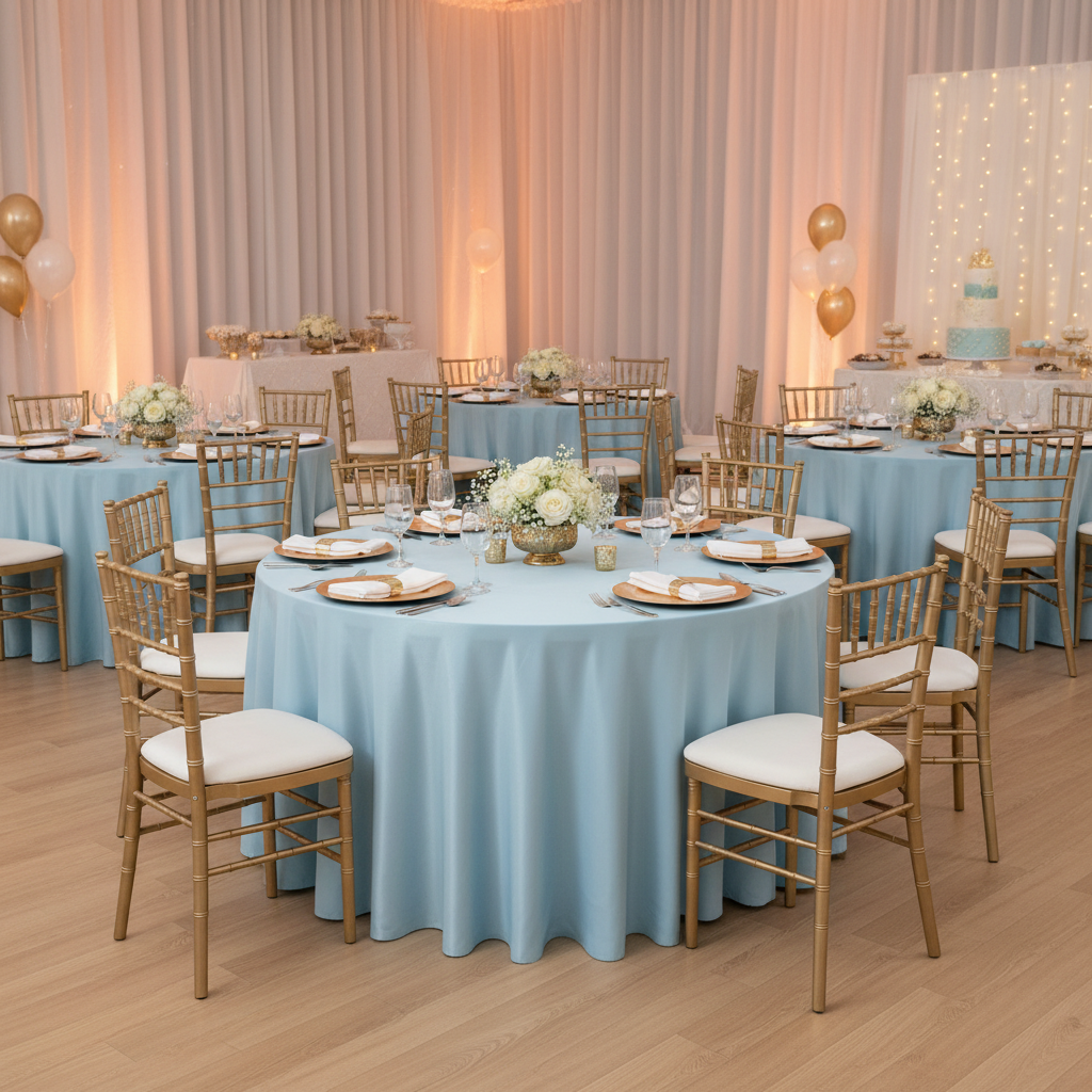 baby shower setup with Lamour Satin 120" Round Tablecloth - Baby Blue