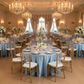 wedding reception with Lamour Satin 120" Round Tablecloth - Dusty Blue