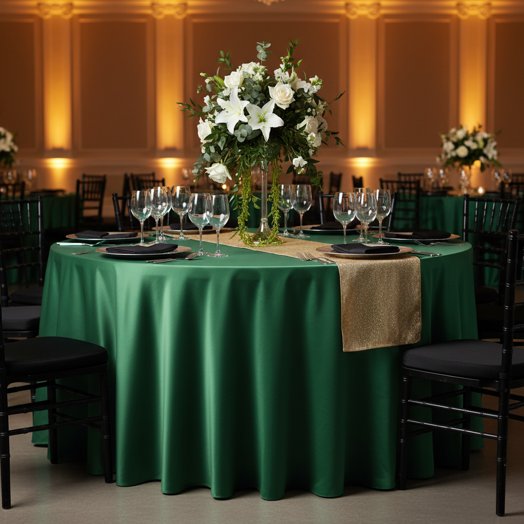 Lamour Satin 120" Round Tablecloth - Emerald Green | charger plate | wine goblet | napkin | runner  