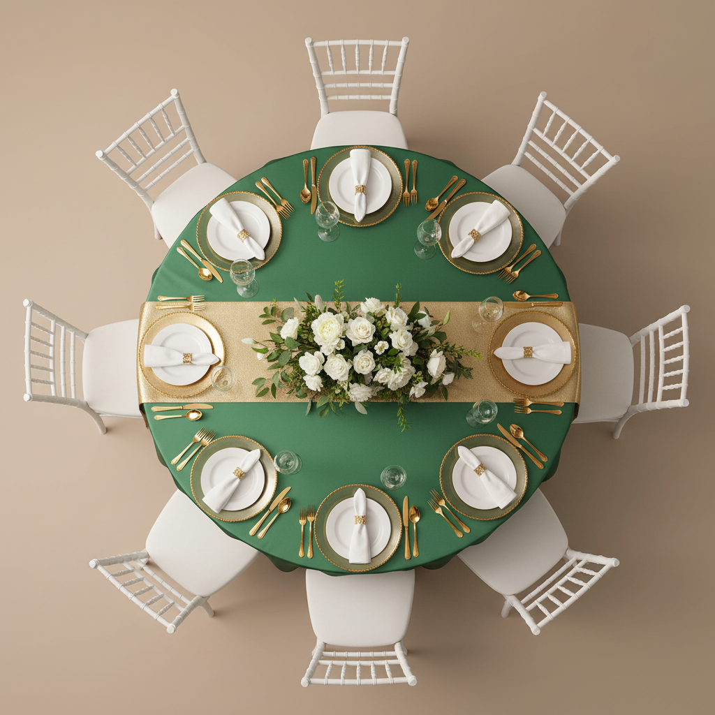 Lamour Satin 120" Round Tablecloth - Emerald Green | charger plate | wine goblet | dinner plate | flower premade runner | napkin |
