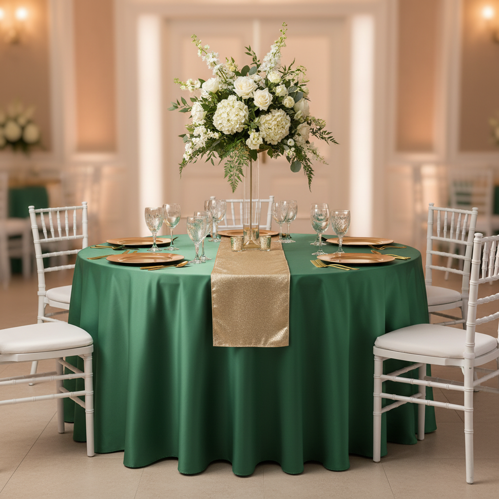 Lamour Satin 120" Round Tablecloth - Emerald Green | table runner | charger plate | wine goblet | 