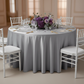 Lamour Satin 120" Round Tablecloth - Gray/Silver | charger plate | dinner plate | wine goblets | flower centerpiece |