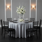 Lamour Satin 120" Round Tablecloth - Gray/Silver | charger plate | dinner plate | wine goblets | flower centerpiece |