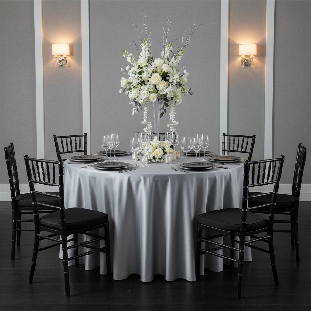 Lamour Satin 120" Round Tablecloth - Gray/Silver | charger plate | dinner plate | wine goblets | flower centerpiece |
